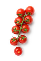Bunch of fresh, red tomatoes with green stems isolated on white background. Well separated from the background.
