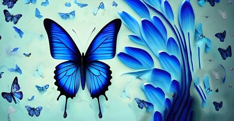 Fototapeta na wymiar 3d modern art mural wallpaper with blue butterfly