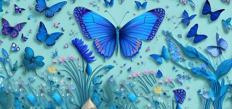 3d modern art mural wallpaper with blue butterfly