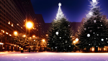 Fototapeta premium クリスマスツリー 冬の景色 背景