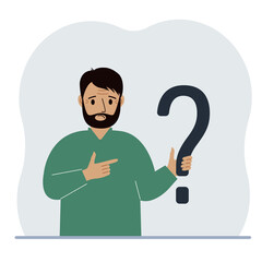 A man is holding a question mark symbol. Ask questions and look for answers. FAQ or frequently asked questions concept, online support center.