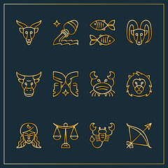 Obraz premium Zodiac horoscope astrological thin line label linear design esoteric stylized elements symbols signs. Vector illustration icons