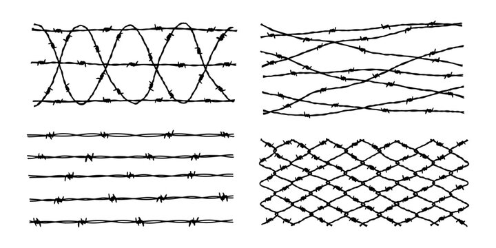 Set of barbwire fence backgrounds. Hand drawn vector illustration in sketch style. Design element for military, security, prison, slavery concepts