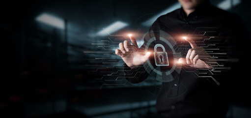 Man showing communication network protection on virtual screen.