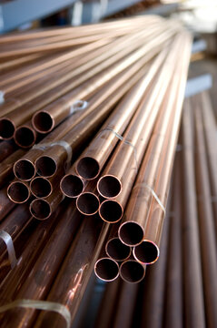 Racks of copper water pipe; Lincoln, Nebraska, United States of America