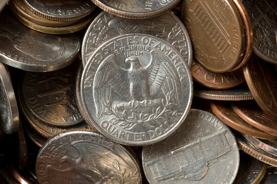 American Coins In A Pile; Lincoln, Nebraska, United State Of America.