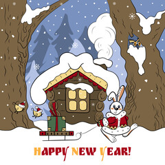 Merry Christmas card with the bunny, the hut, the forest and English text "Happy New Year!"