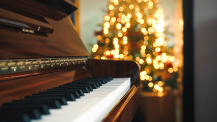Piano By A Christmas Tree Background