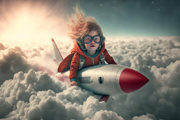 Kid flying in his space rocket, Generative AI illustration