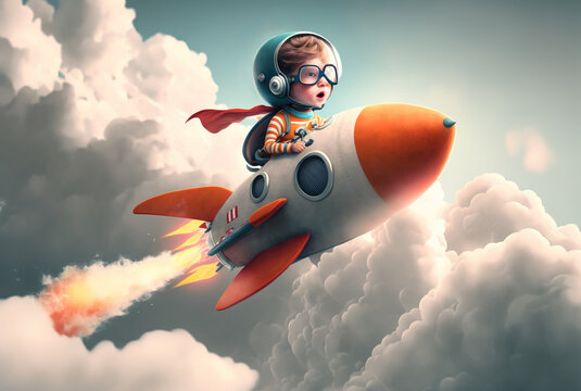 Small child flying in his space rocket, Generative AI illustration