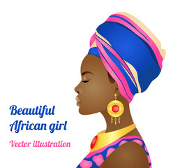 A beautiful African black-skinned girl in profile, in a bright suit, a turban and massive gold jewelry. Isolated vector illustration