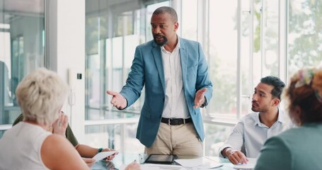 Business meeting, leadership and man in presentation with team for planning, innovation and mission in office. Leader, businessman and business people in conference for collaboration, vision and idea