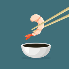 Shrimp icon. Chopsticks holding prawn dipped in soy sauce. Boiled or grilled shrimps. Traditional Asian food. Vector illustration in trendy flat style isolated.