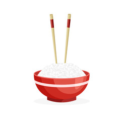 Rice in a red bowl with chopsticks. Oriental dish. Traditional Asian food. Vector illustration in trendy flat style isolated on white background.