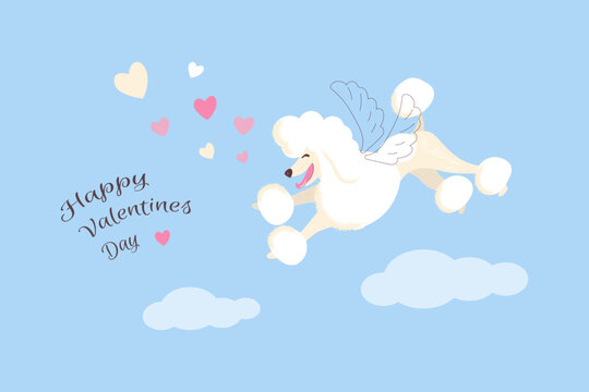 Valentine's Day with a dog in  sky with clouds and hearts.Vector postcard with inscription and cute illustration.
