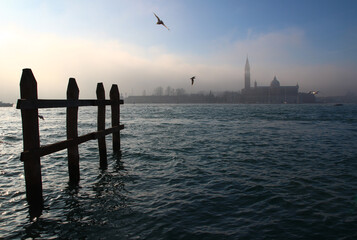 Wooden pillars, seagulls and mist with a ghostly San Giorgio Maggiore in the background on a freezing New Year's Day morning (Venice, Italy).