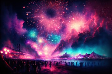 Fototapeta na wymiar New year background with fireworks and dark gliters, Happy new year theme background.