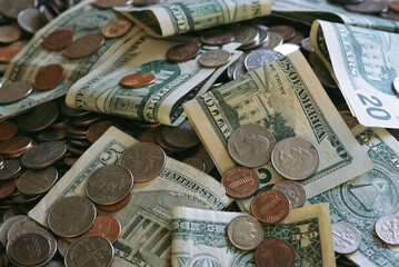 Close view of American coins and paper money; Arizona, United States of America