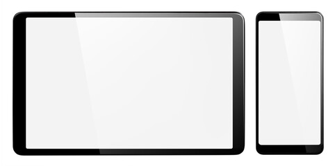 Blank black tablet and phone, isolated on white background