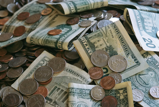 Close view of American coins and paper money; Arizona, United States of America