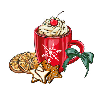 Cup of hot chocolate or coffee decorated with cookies and marshmallows, cream and orange, vector illustration