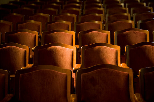 Sunlight falls onto antique theater seating; Waterville, Kansas, United States of America