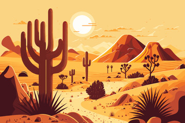 sand desert landscape in sunset with cactus and mountains flat color vector © Vibrands Studio