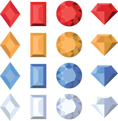 Set of multi-colored gems of various shapes isolated on white background
