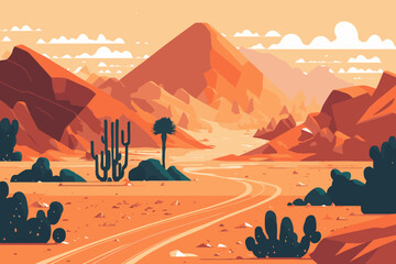 sand desert landscape in sunset with cactus and mountains flat color vector