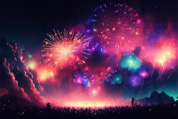 New year background with fireworks and dark gliters, Happy new year theme background.