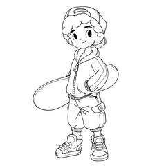 Teen holding skateboard coloring book page vector illustration isolated on white background.