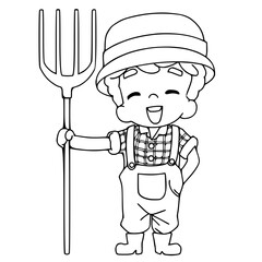 Young farmer cartoon.vector illustration.coloring book.
