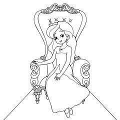 Vector illustration, a beautiful queen in the palace sits on a throne, coloring book