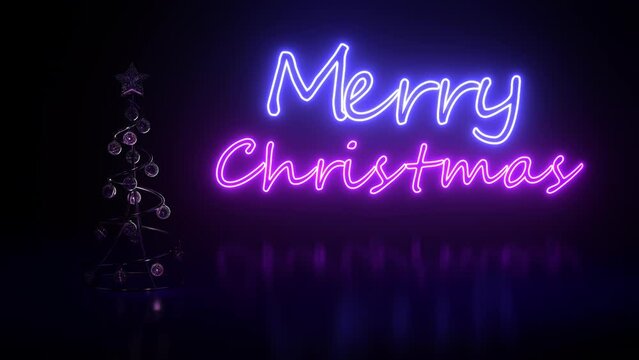Merry Christmas neon sign text animation looping on black background and Christmas tree decoration