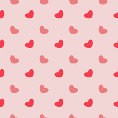 Hearts on a pink background, seamless pattern, vector. Red and pink hearts on a light pink background.