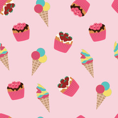 
Pattern of various ice creams with sprinkles and berries. Ice cream cones. Element template. Flat vector.