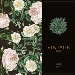Card with botanical white roses in vintage style. Vector.