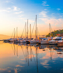 Marina with docked yachts at sunrise in Tarabya, Turkey