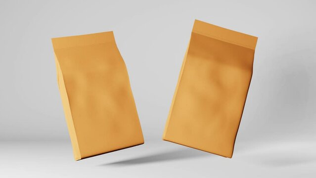 Paper pouch bags coffee beans branding floating 3D animation loop 4K. Merchandise pack promo design. Blank food snack product kraft package advertising template Shop delivery sale discount demo motion