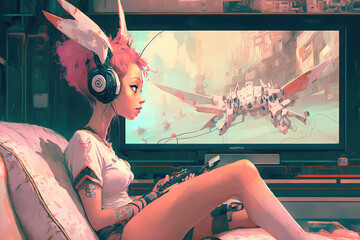 cute anime girl playing video games with cosplaying hat and headphones, generative ai technology