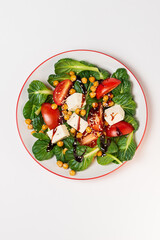 Fresh pak choi salad with tomatoes, chickpeas and feta cheese toping with sauce and sesame seeds in a plate  isolated on white background