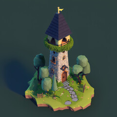 old classic fairytale tower with a balcony, isometric view, generative ai technology