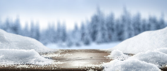 Desk of free space and winter landscape.  - 554959102