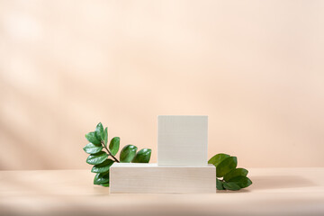 Wooden cube podium with green leaves on light beige background. Minimal wooden stand for branding...