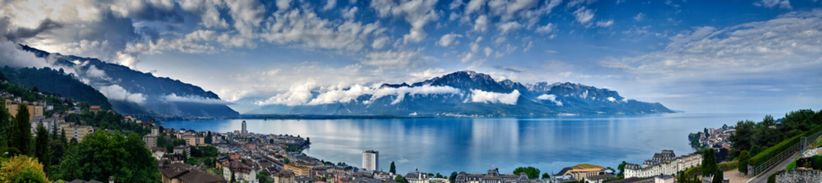 Panoramic view of mountain range and Lake Geneva from Montreux in Switzerland.