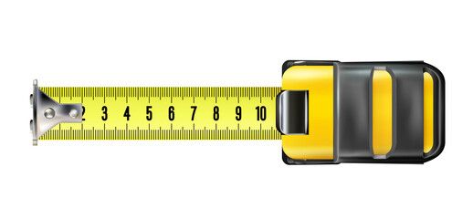 Top view yellow realistic Tape measure isolated. Photo-realistic roulette, construction tool for length measuring. Design case in yellow-black version. png