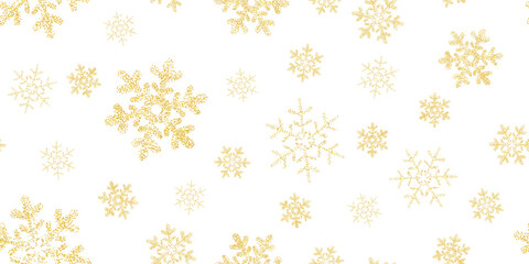 Yellow, gold snowflakes seamless pattern background. Flying snow. Winter abstract Christmas and new year backdrop. png