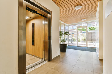 an entry way with wooden ceilinging and glass doors leading to the entrance area in this modern,...