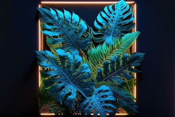 tropical and palm leaves in the dark illuminated by blue neon. Neon background with tropical leaves. AI