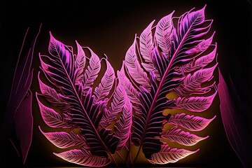 tropical and palm leaves in the dark illuminated with pink neon. Neon background with tropical leaves. AI